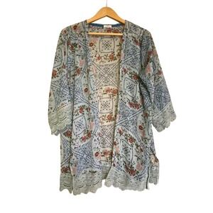 Mason & Belle Womens L Kimono Blue Floral Lace Trim Boho JFW49249DU Cardigan